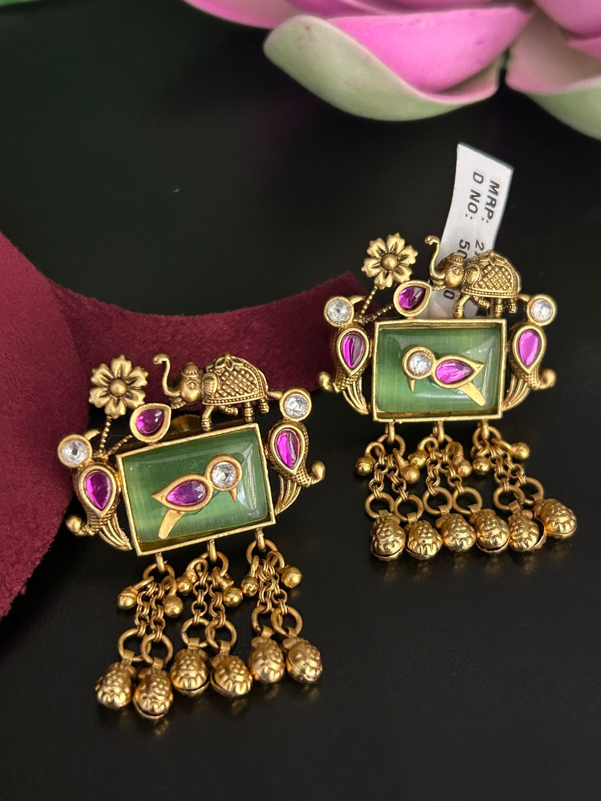Antique Elephant & Bird Design Earrings with Green Stone Base